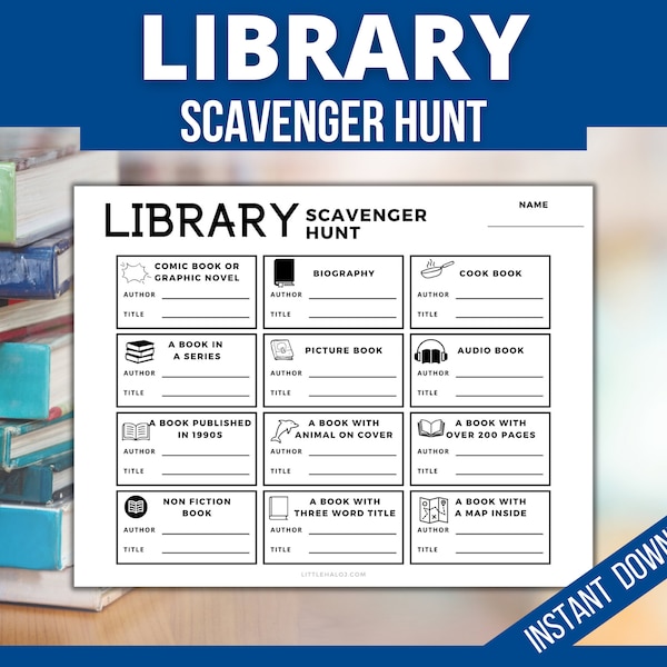 Library Scavenger hunt, Printable School Book Scavenger Hunt, Kids Treasure Hunt, Library Games, Kids Book Activity