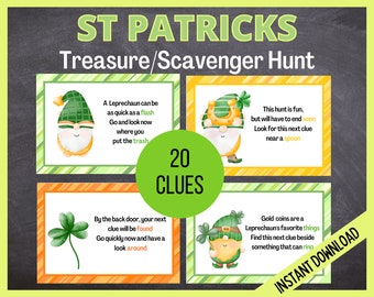 St Patrick's Day Scavenger Hunt for Kids, St Patricks Day Treasure Hunt, Printable St Patrick Kids Activity, Leprechaun Games for Kids