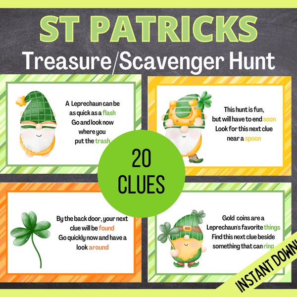 St Patrick's Day Scavenger Hunt for Kids, St Patricks Day Treasure Hunt, St Patrick Kids Activity imprimable, Leprechaun Games for Kids