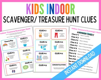 Indoor Treasure Hunt, Scavenger Hunt, Scavenger Hunt for Kids, Printable Treasure Hunt Clues, Birthday Scavenger Hunt, Instant Download