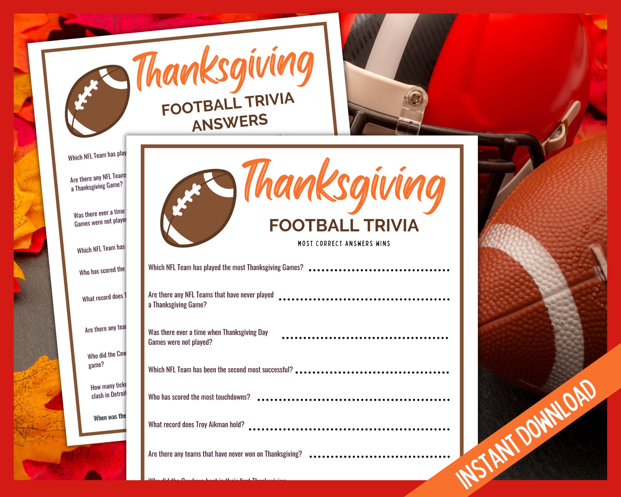 Thanksgiving Football Trivia Game Thanksgiving Printable | Etsy