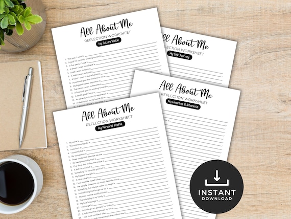 All About Me Reflection Worksheets, Get to Know Me Printable Journal Pages, Fill in blanks questionnaire, Questions for Self