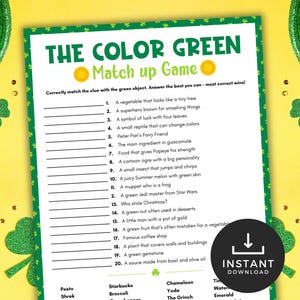 May include: A printable green color matching game with 20 clues and 20 green objects to match. The game is titled "The Color Green Match Up Game".