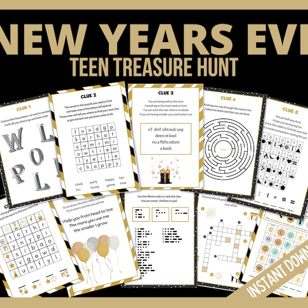 New Year's Eve Treasure Hunt for Teens, Indoor New Years Eve Scavenger Hunt for Older Kids, NYE Games and Activities, Teen Puzzles