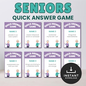 Può includere: Un set di otto carte da gioco viola e bianche intitolate SENIORS QUICK ANSWER GAME. Ogni carta presenta il testo NAME 3 seguito da suggerimenti come pianeti nel nostro sistema solare, attori classici di Hollywood e cibi di colore arancione.