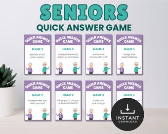 May include: A set of eight purple and white game cards titled SENIORS QUICK ANSWER GAME. Each card features the text NAME 3 followed by prompts like planets in our solar system, classic Hollywood actors, and foods that are orange, with cartoon characters.