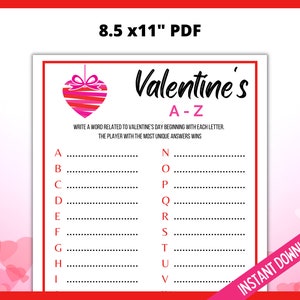 Valentine's Day A-Z Game, Valentine's Day Game, Galentine's Day Party Games, V-Day Games, Fun Valentines Day Games, Valentines Printables image 3