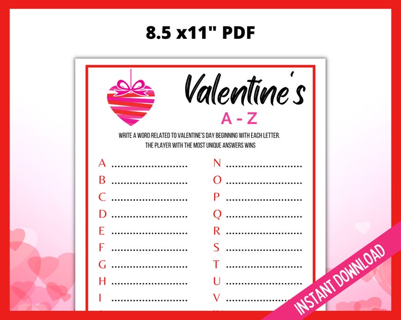 Valentine's Day A-Z Game, Valentine's Day Game, Galentine's Day Party Games, V-Day Games, Fun Valentines Day Games, Valentines Printables image 3