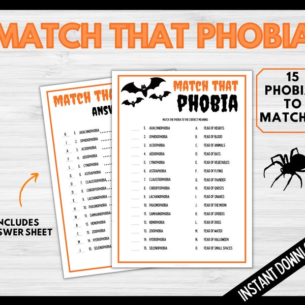 Halloween Match That Phobia Game, Phobia Quiz Game, Printable Halloween Game, Halloween Party Game, Halloween Activity, Fun Halloween Games