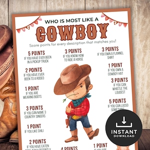 Puede incluir: Una hoja de juego imprimible titulada Who Is Most Like A Cowboy con una ilustración de dibujos animados de un vaquero con camisa roja y sombrero marrón. El juego enumera varios criterios basados en puntos para que los jugadores se puntúen.