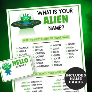 What&#39;s your Alien Name Game, Printable Alien Party Game, Birthday Party Fun game, Alien birthday party name tags, Alien name