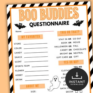 Halloween Boo Buddy Questionnaire, Halloween Gift Exchange, Halloween Party, Gift Survey, Printable Boo Buddies Questions, Favorites, Fall