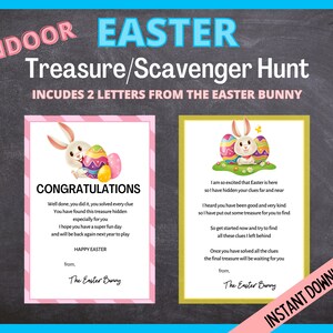 May include: Two printable cards featuring an Easter bunny holding an egg. The cards are pink and yellow with a black chalkboard background. The text on the cards reads "Congratulations" and "I am so excited that Easter is here".