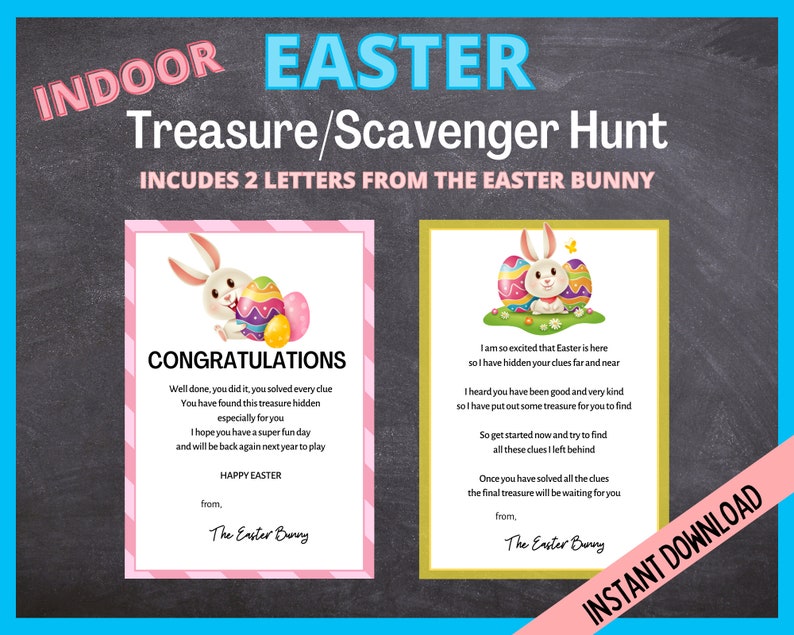 May include: Two printable cards featuring an Easter bunny holding an egg. The cards are pink and yellow with a black chalkboard background. The text on the cards reads "Congratulations" and "I am so excited that Easter is here".