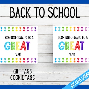 Printable Back to School Tag, Looking Forward to a Great Year, First Day of School Square Gift Tags, Teacher Cookies tag, 2&quot; Square Gift Tag