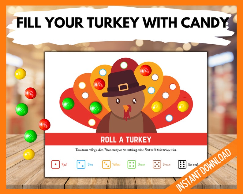 Roll a Turkey Dice Game, Thanksgiving Printable Games, Turkey Game for Kids, Friendsgiving Turkey Candy Dice Game, Kids Holiday Dice Game image 2