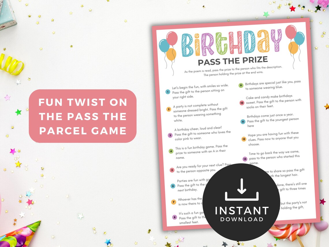 Pass the Parcel Party Game, Kids Party Printable Game, Birthday Party ...