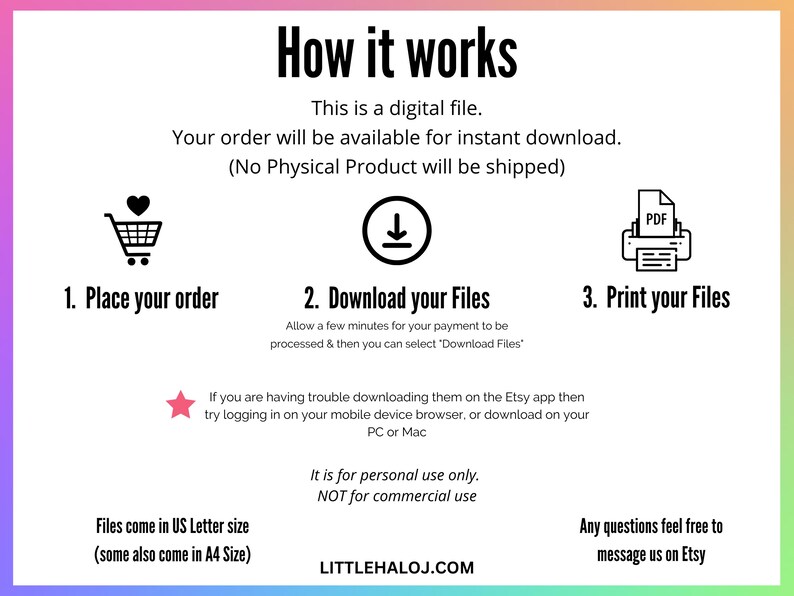 May include: A graphic with instructions on how to download and print digital files. The graphic includes a shopping cart, a download arrow, and a printer with a PDF icon. The text reads: "How it works", "This is a digital file", "Your order will be available for instant download", "(No Physical Product will be shipped)", "1. Place your order", "2. Download your Files", "3. Print your Files", "Allow a few minutes for your payment to be processed & then you can select 'Download Files'", "If you are having trouble downloading them on the Etsy app then try logging in on your mobile device browser, or download on your PC or Mac", "Files come in US Letter size (some also come in A4 Size)", "It is for personal use only. NOT for commercial use", "LITTLEHALOJ.COM", "Any questions feel free to message us on Etsy".