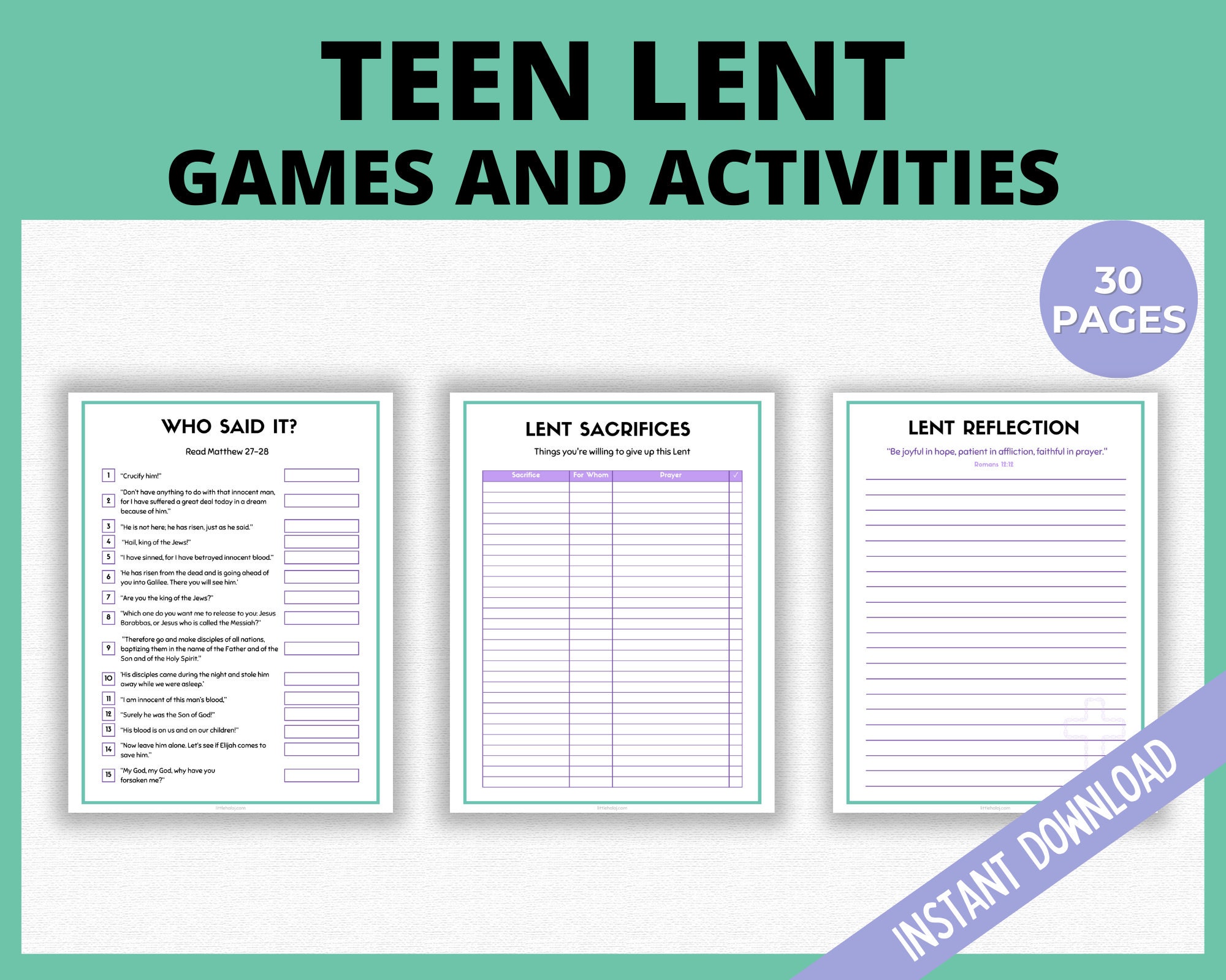 Lent Games and Activities for Teens, Lent Bundle for Older Kids