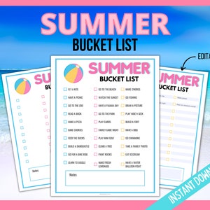 Summer Bucket List Printable, Editable Summer Bucket List, Summer Break Bucket List Template, Summer Activities Checklist, Summer To Do List