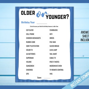 Older or Younger Printable Game, Retirement Party Games, Birthday ...