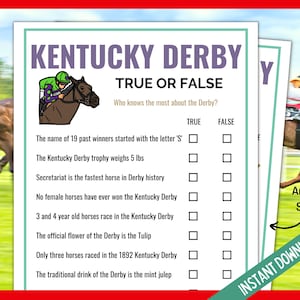 May include: A printable Kentucky Derby trivia game with true or false questions about the race. The game features a cartoon illustration of a jockey riding a horse.