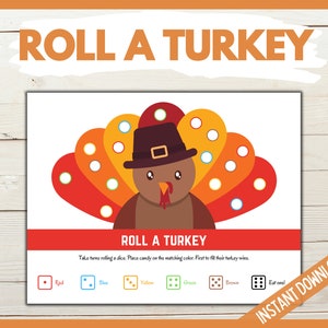 Roll a Turkey Dice Game, Thanksgiving Printable Games, Turkey Game for Kids, Friendsgiving Turkey Candy Dice Game, Kids Holiday Dice Game image 3