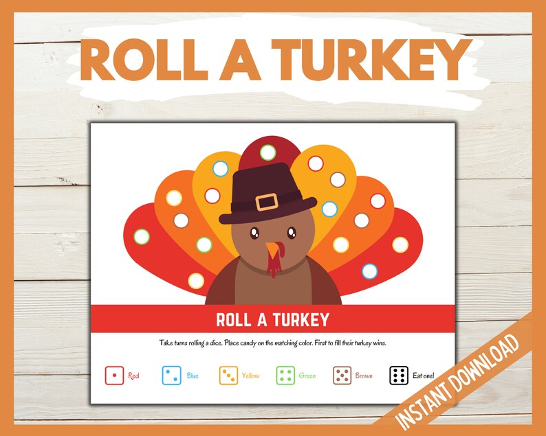 Roll a Turkey Dice Game, Thanksgiving Printable Games, Turkey Game for Kids, Friendsgiving Turkey Candy Dice Game, Kids Holiday Dice Game image 3
