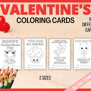 Valentine Coloring Cards, Printable Valentine's Day Cards, Kids Valentines Cards, Printable Coloring Valentines Cards, Classroom Cards image 2