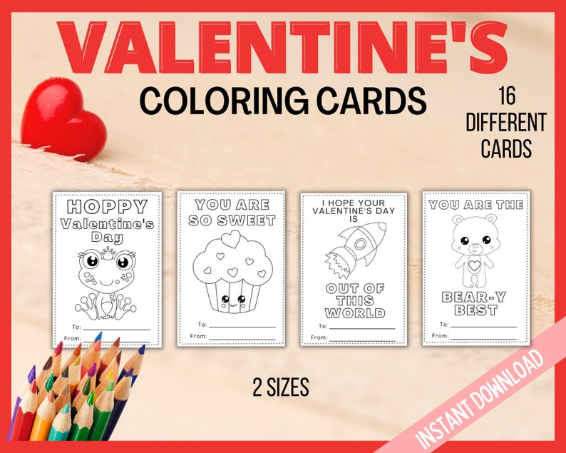 Valentine Coloring Cards, Printable Valentine's Day Cards, Kids Valentines Cards, Printable Coloring Valentines Cards, Classroom Cards image 2