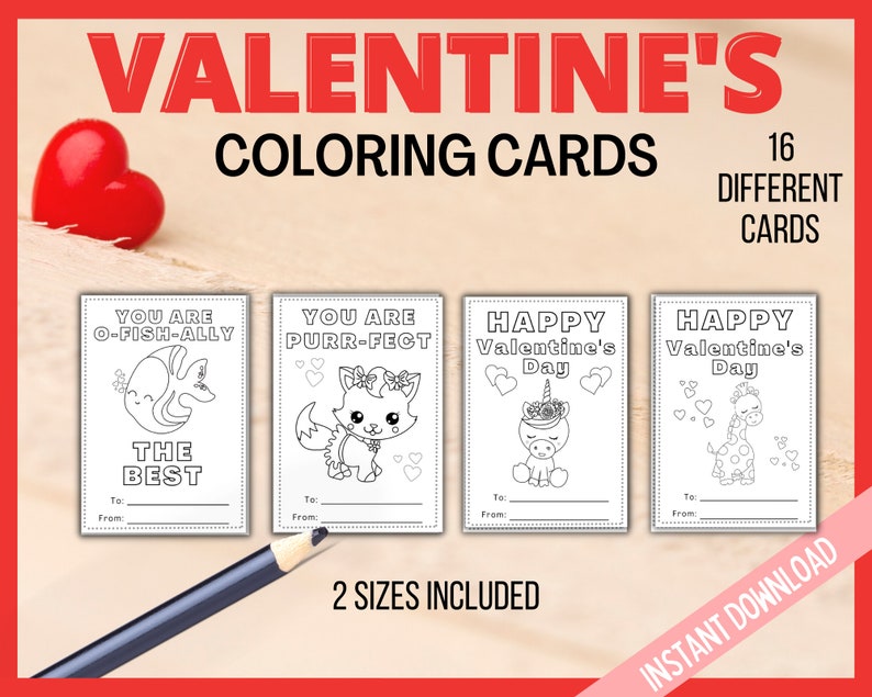 Valentine Coloring Cards, Printable Valentine's Day Cards, Kids Valentines Cards, Printable Coloring Valentines Cards, Classroom Cards image 4