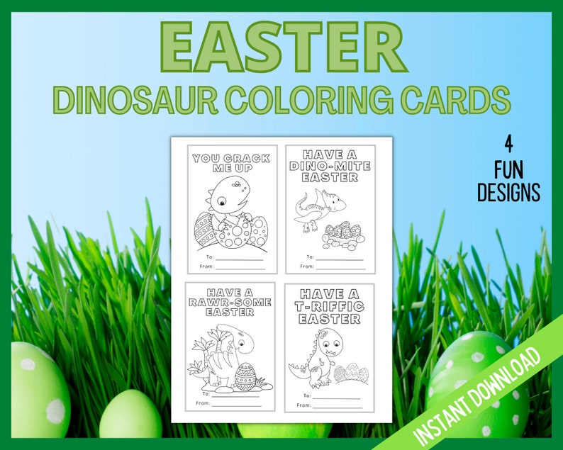 Easter Coloring Cards, Kids Easter Dinosaur Cards, Dinosaur Coloring Easter Cards, Printable Easter Cards, Dino Classroom Cards, Kids Games image 2