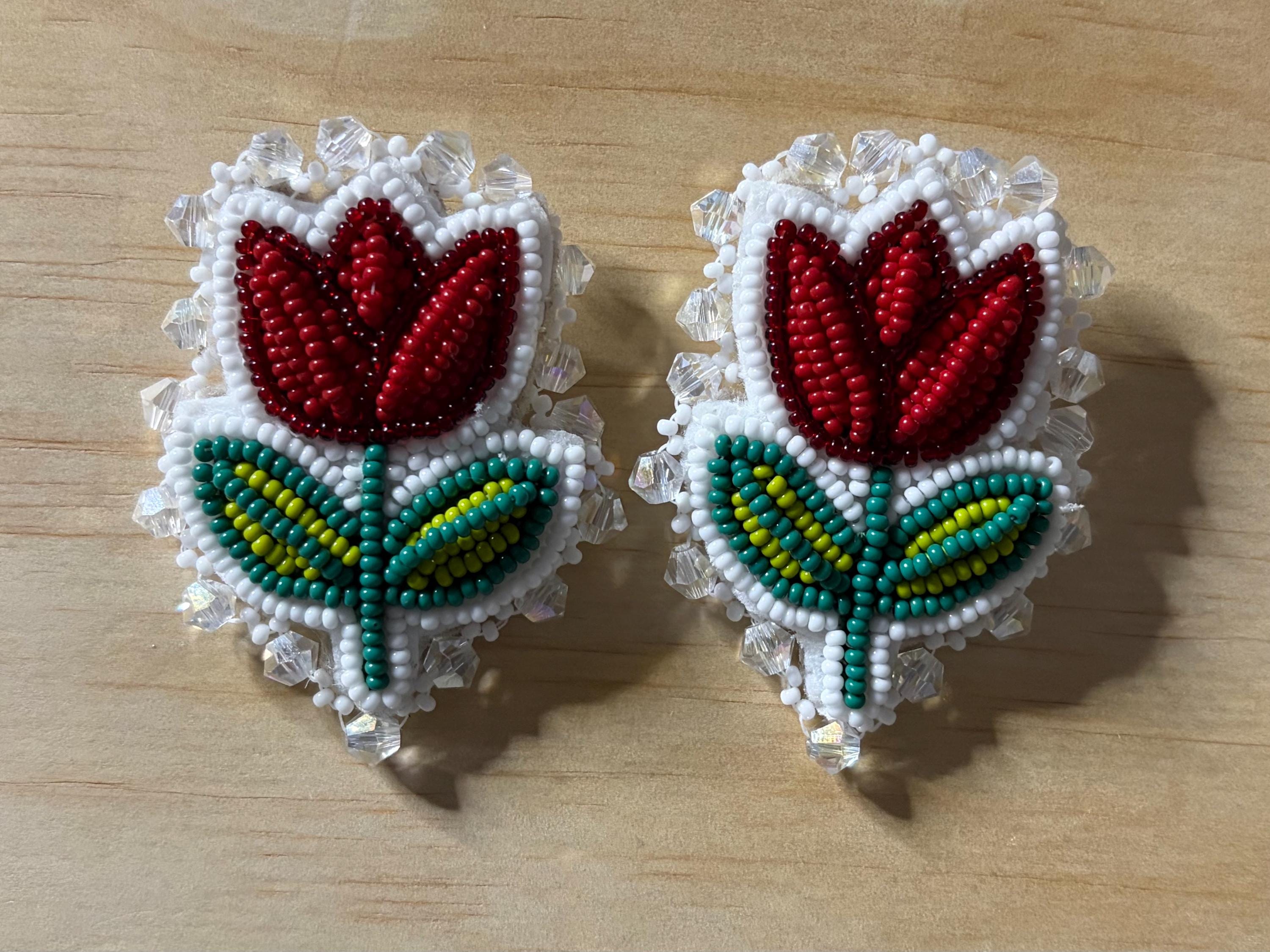 Handmade Beaded Tulip Flower Earrings Native Made, Red, Green