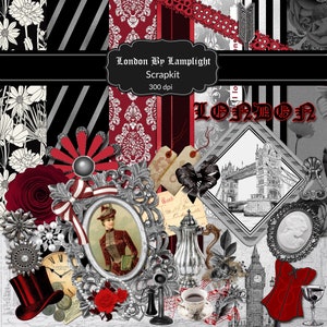 Scrapbook Kit, London By Lamplight Theme, Digital or Printable Papers and Elements, Vintage Junk Journal, Digital Download