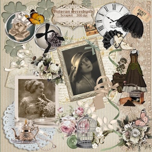 Scrapbook Kit, Victorian Serendipity Theme, Digital or Printable Papers & Elements, Vintage Junk Journal Paper and Ephemera