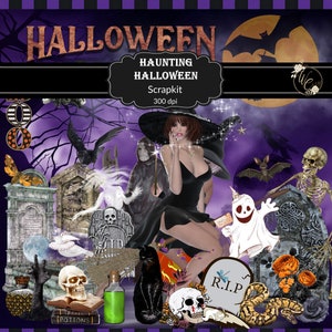 Scrapbook Kit, Haunting Halloween Theme, Digital or Printable Papers & Elements, Vintage Junk Journal Paper and Ephemera, Digital Download