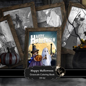 Happy Halloween Adult Grayscale Coloring Book. Mix of Simple & Complex Horror Scenes. Instant download, printable in 2 sizes Letter and A4
