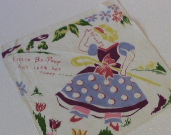 Vintage 40s 50s Little Bo Peep Novelty Print Nursery Rhyme children's hankie hanky handkerchief  / kitschy