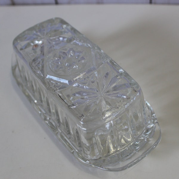 Vintage 40s 50s Anchor Hocking Early American Prescut Star Burst Clear Glass Covered Butter Dish Pressed Cut pinwheel // depression glass