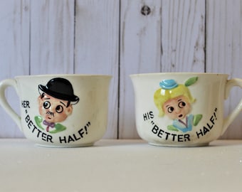 RARE HTF Vintage Empress Japan HALF coffee mugs Cups Hers His &quot;Better Half&quot;  kitsch Husband Wife Couples Humor Wedding Gift