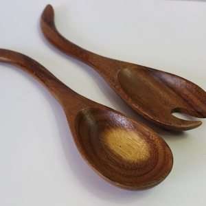 Vintage MCM Large Hawaiian Monkey Pod Curved Serving Spoons 13 inches long SET of Two (2)  HTF Tiki Time