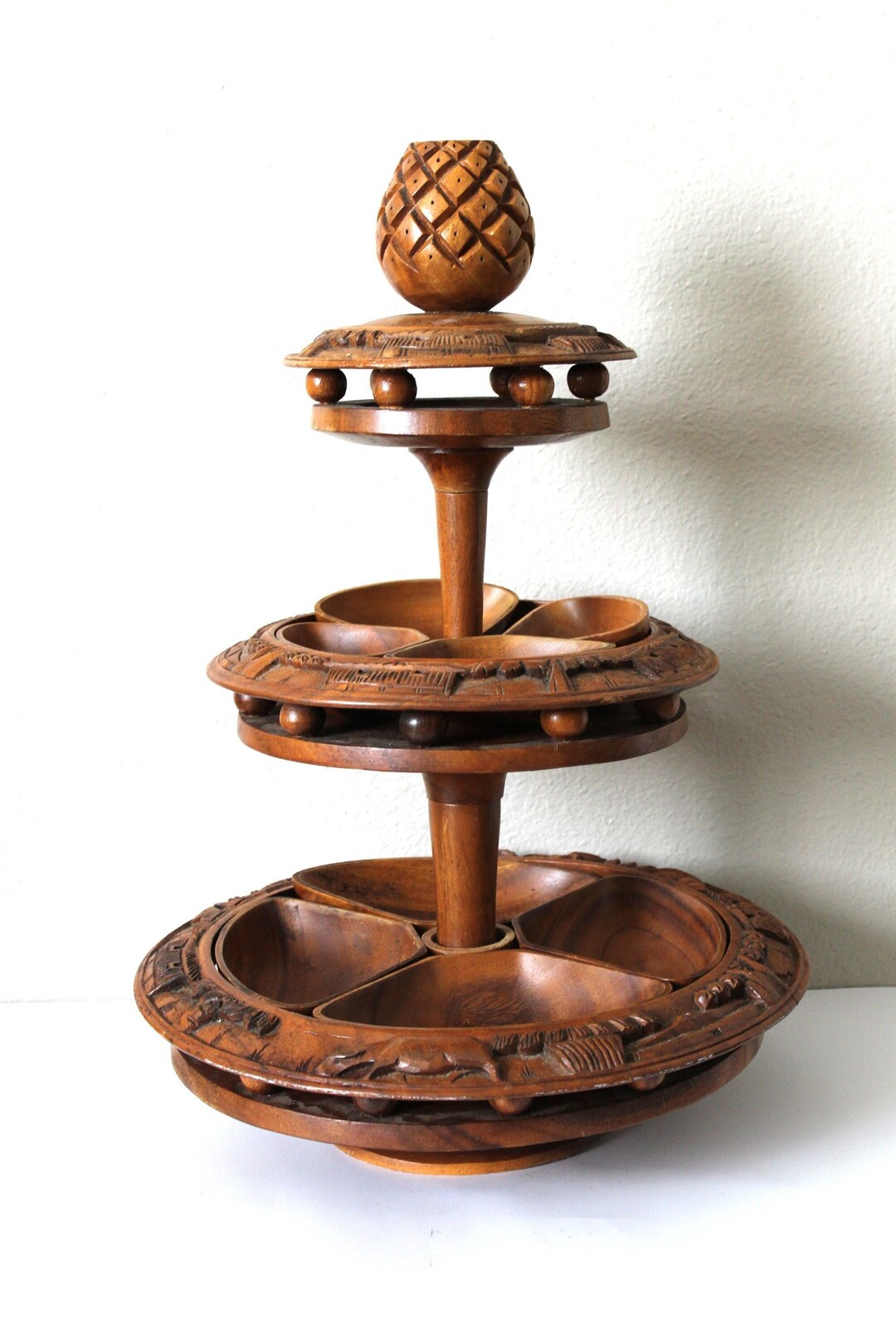 Vintage 3 Tier Tiki Hawaiian Wooden Lazy Susan Serving Bowls Wood
