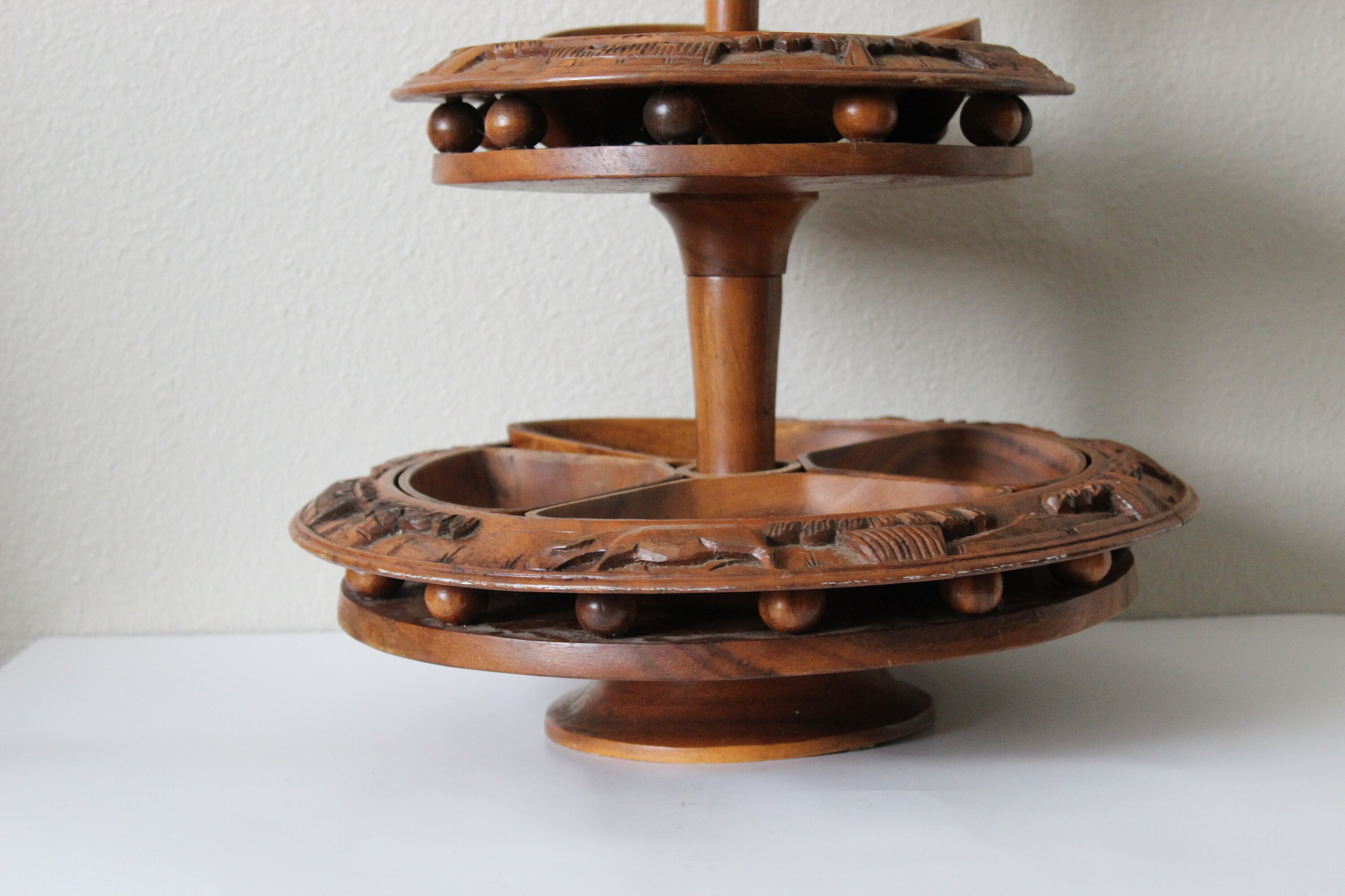 Vintage 3 Tier Tiki Hawaiian Wooden Lazy Susan Serving Bowls Wood