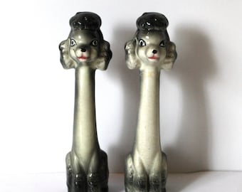 OOAK Vintage Long Neck Poodle Dog Salt Pepper Shakers Anthropomorphic 8 1/2&quot; Tall Gray & White French Poodle // kitsch kitschy kitchen Japan