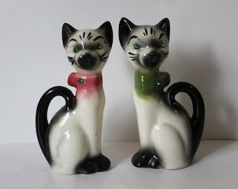 RARE Vintage Long Neck A. G. Calvert Pasadena Siamese Cat Salt Pepper Shakers Anthropomorphic 6.5&quot; Tall // kitsch atomic kitchen MCM