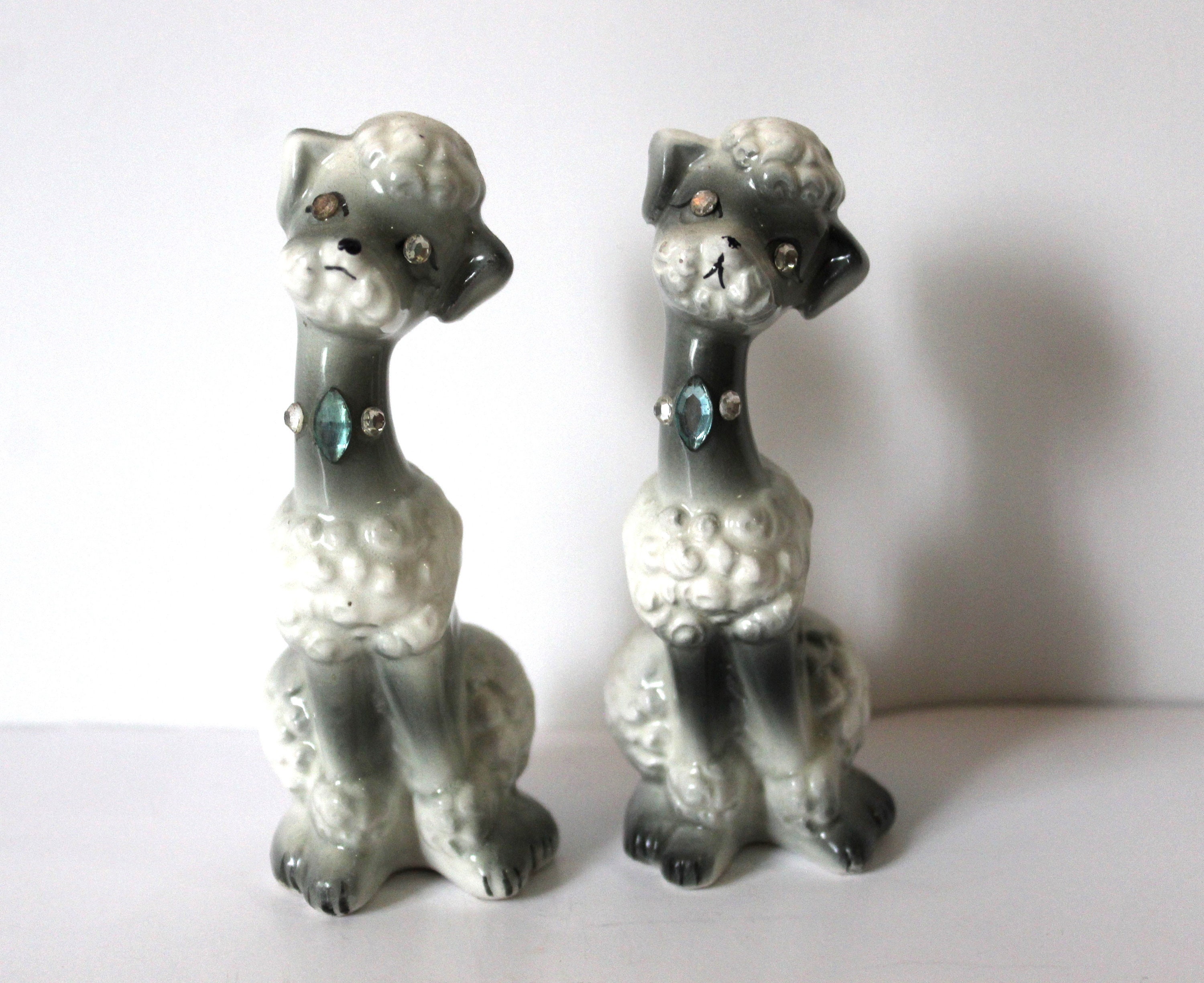 HTF Vintage pair ceramic Vintage Japan Enesco Gray & White French Poodle Dog Salt Pepper Set Rhinestones // kitsch kitschy kitchen