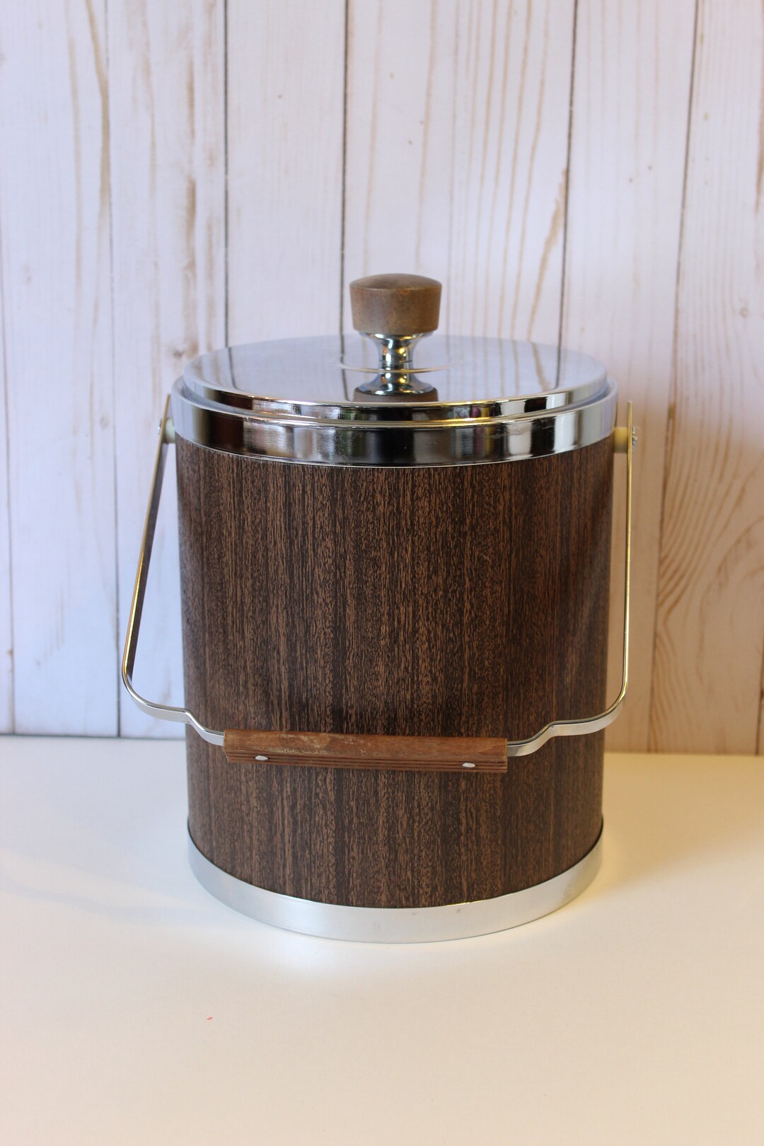 Vintage Large Kromex Ice Bucket Chrome and Wood Grain With Lid / 1960s