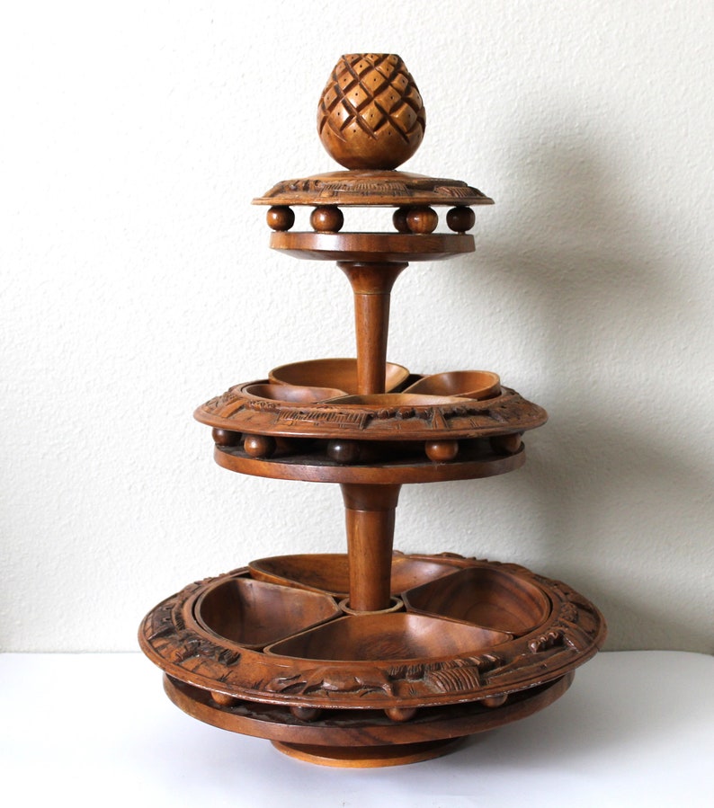 Vintage 3 Tier Tiki Hawaiian Wooden Lazy Susan Serving Bowls Wood