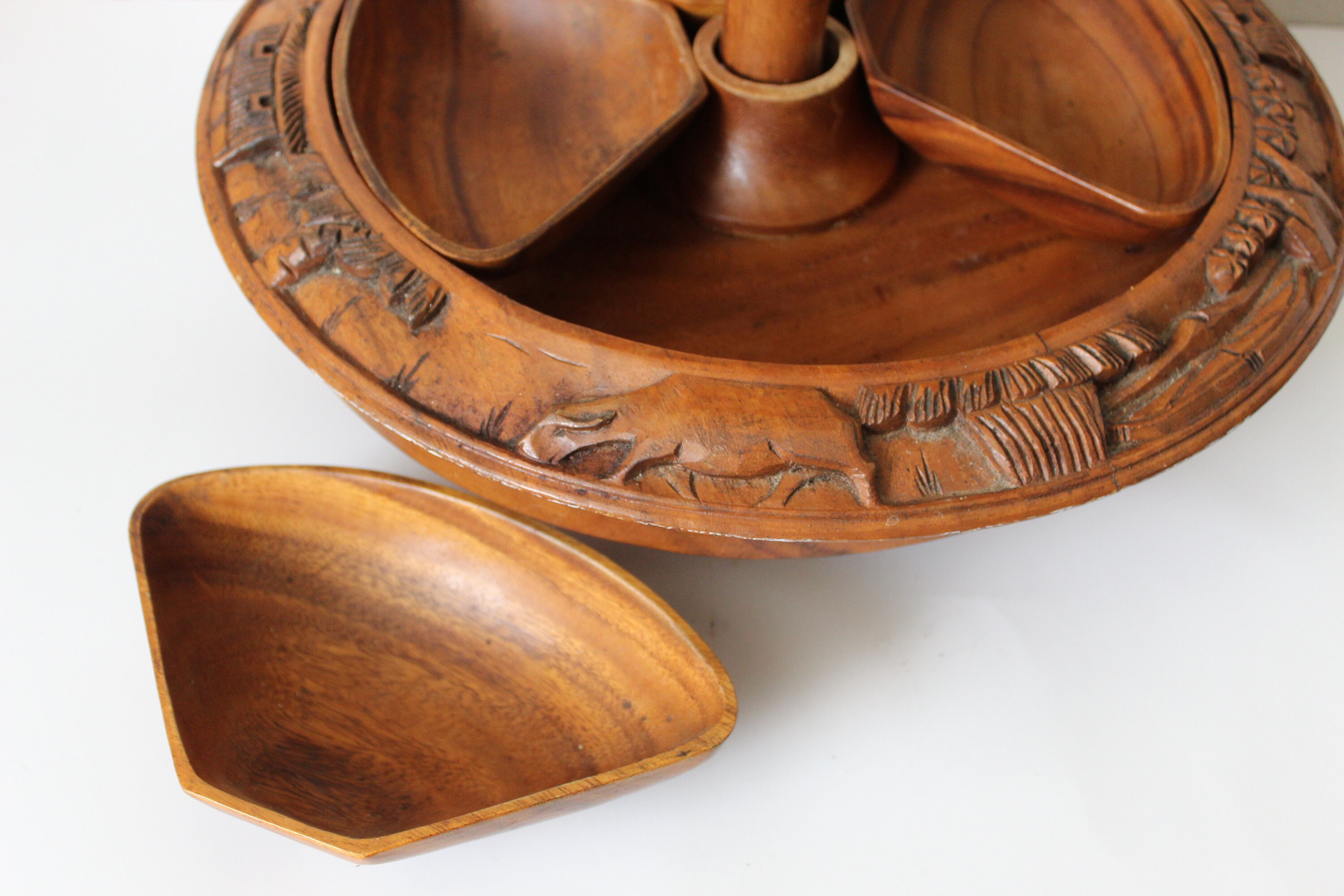 Vintage 3 Tier Tiki Hawaiian Wooden Lazy Susan Serving Bowls Etsy