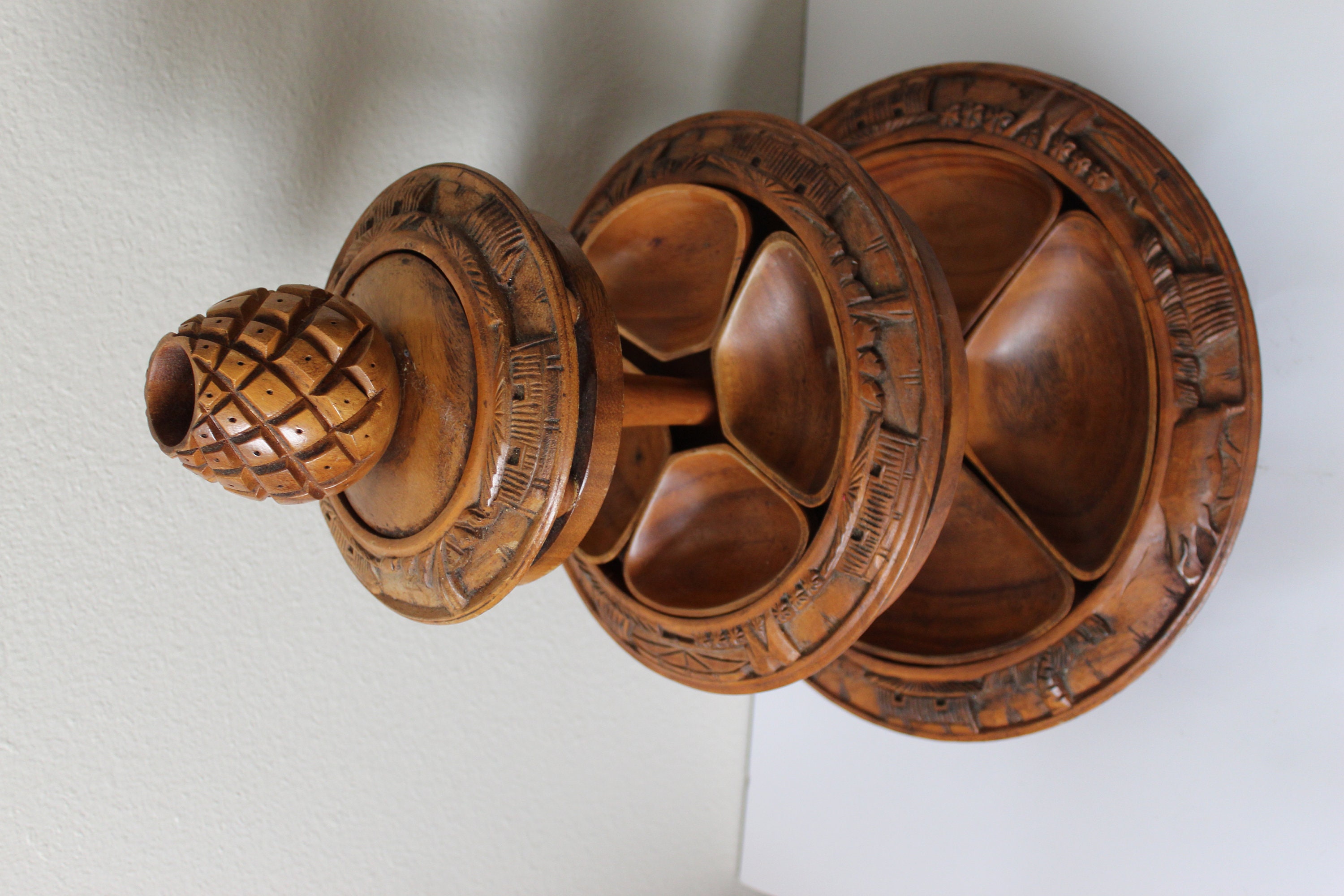 Vintage 3 Tier Tiki Hawaiian Wooden Lazy Susan Serving Bowls Wood